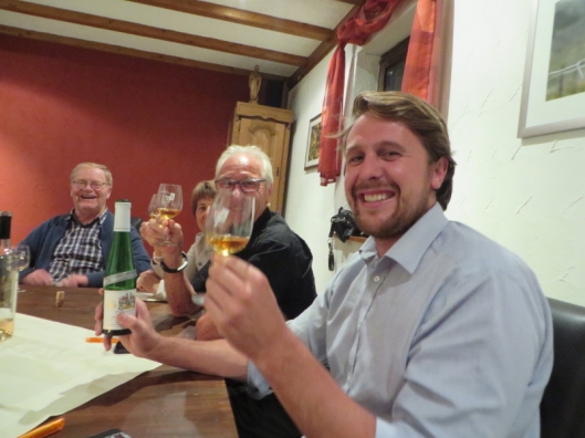 Adam (right), tastng a wine as old as he is, from our favourite Trittenheim winemaker Peter Arenz (left)